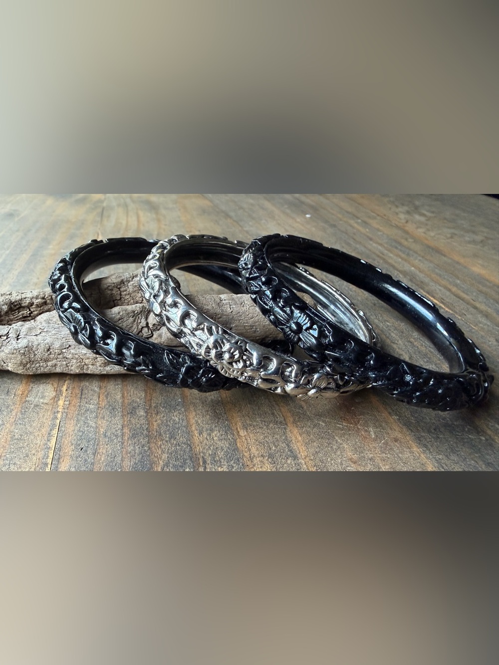 Floral Embossed Metal and Black Resin Bangles